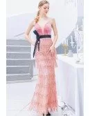 Pink Sequin Tassels Long Party Dress Vneck With Sash Straps