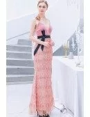 Pink Sequin Tassels Long Party Dress Vneck With Sash Straps