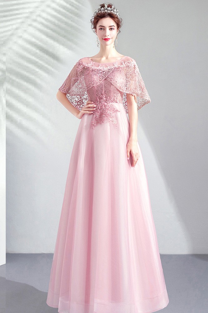 Graceful Pink Tulle Long Party Prom Dress With Beaded Cape Sleeves ...
