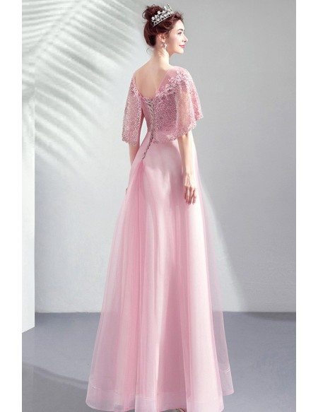 Graceful Pink Tulle Long Party Prom Dress With Beaded Cape Sleeves