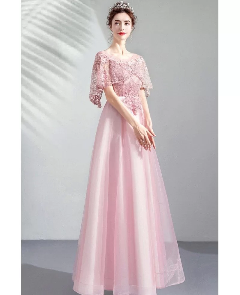 Graceful Pink Tulle Long Party Prom Dress With Beaded Cape Sleeves ...