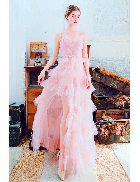 Cute Pink Tulle High Low Party Prom Dress With Straps