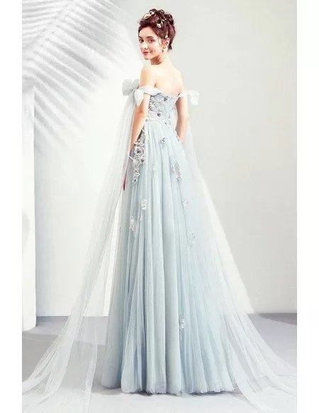 Fairy Light Dusty Blue Tulle Prom Dress Big Bow With Off Shoulder