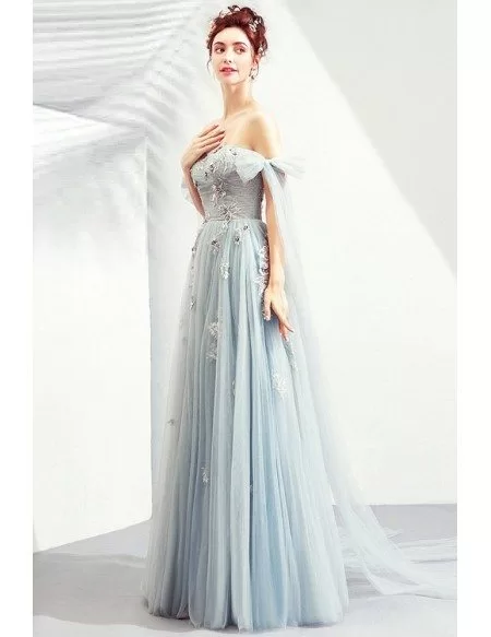 Fairy Light Dusty Blue Tulle Prom Dress Big Bow With Off Shoulder