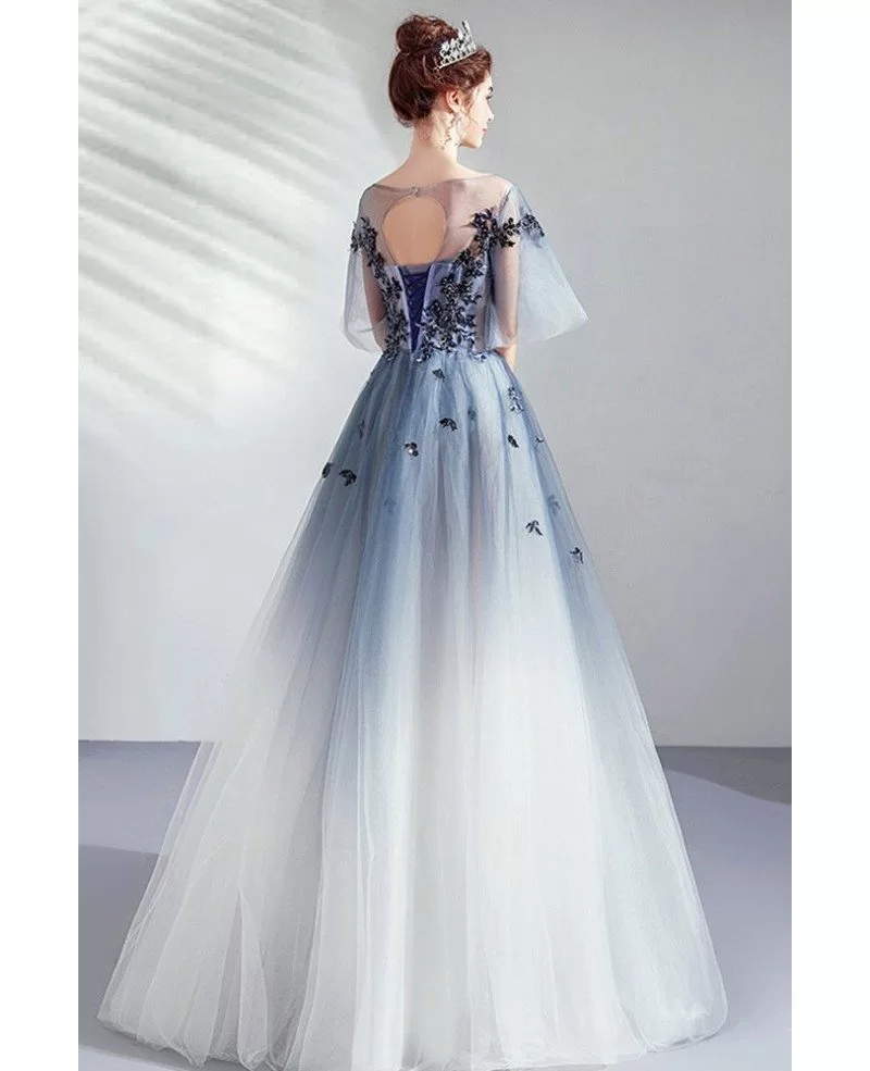 Dreamy Ombre Blue Organza Long Prom Dress With Petals Puffy Sleeves ...