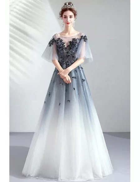 Dreamy Ombre Blue Organza Long Prom Dress With Petals Puffy Sleeves
