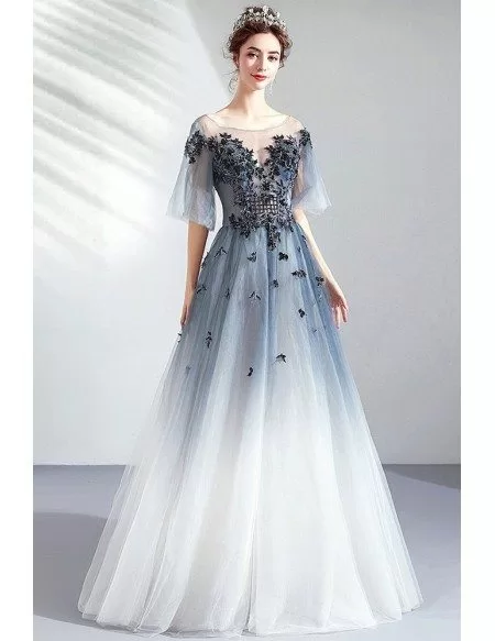Dreamy Ombre Blue Organza Long Prom Dress With Petals Puffy Sleeves