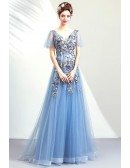Dusty Blue Beaded Flowers Aline Prom Dress Vneck With Tulle Sleeves