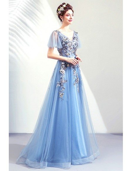 Dusty Blue Beaded Flowers Aline Prom Dress Vneck With Tulle Sleeves