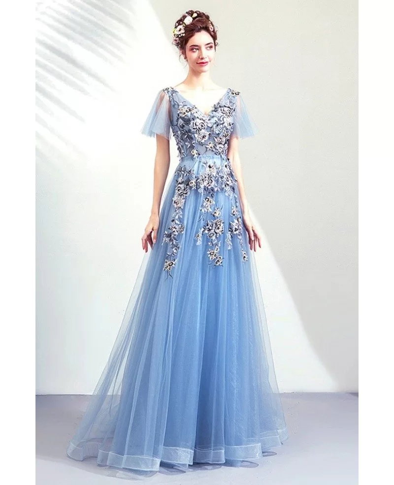 Dusty Blue Beaded Flowers Aline Prom Dress Vneck With Tulle Sleeves ...