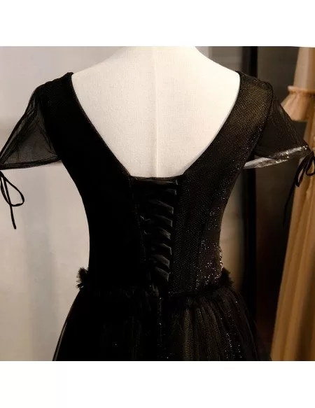 Bling Black Tulle Vneck Formal Dress With Cap Sleeves