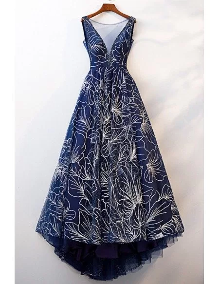 Sparkly Blue Aline Illusion Vneck Prom Dress With Vback