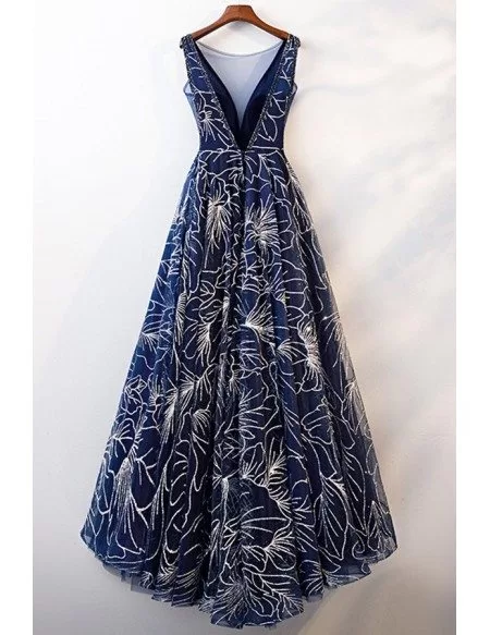 sparkly blue aline illusion vneck prom dress with vback #MYX68038 ...