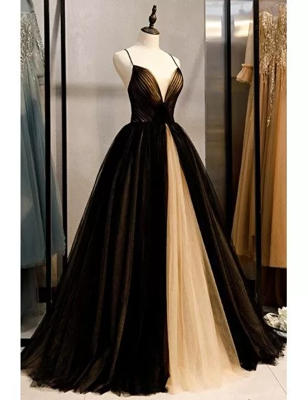 Black With Champagne Ballgown Prom Dress Vneck With Spaghetti Straps