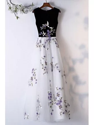 Elegant White Tulle Long Aline Party Dress With Flowers Sleeveless