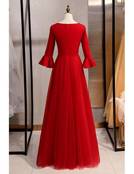 Formal Long Red Satin Evening Dress With Flare Sleeves