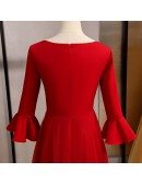 Formal Long Red Satin Evening Dress With Flare Sleeves