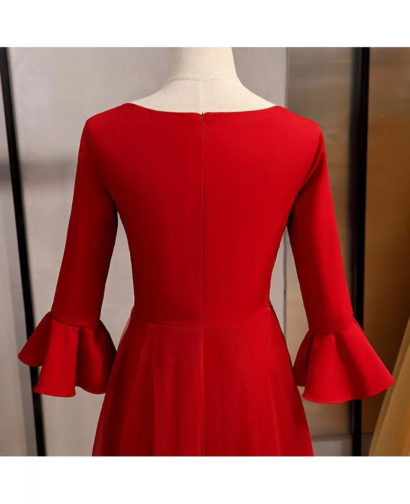 formal long red satin evening dress with flare sleeves #MYX79071 ...