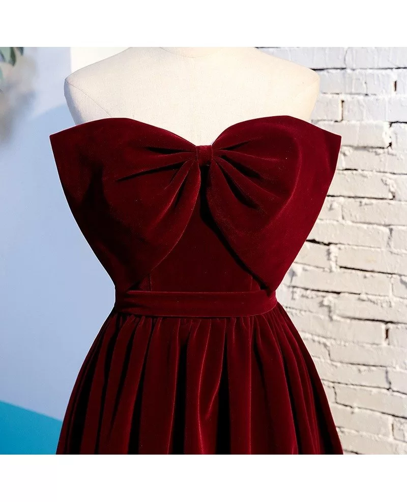 Big Bow Front Strapless Long Velvet Dark Red Party Dress Myx68067