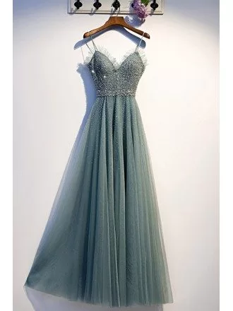 Dusty Green Beaded Sequins Long Prom Dress With Straps