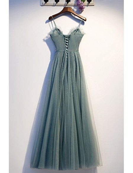 Dusty Green Beaded Sequins Long Prom Dress With Straps