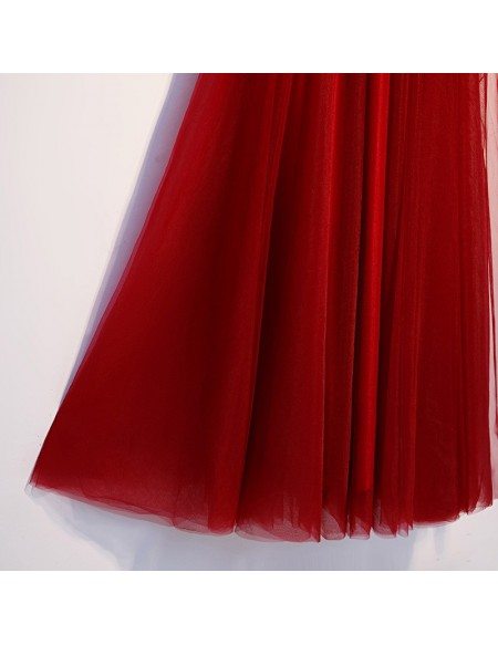 Burgundy Long Tulle Aline Prom Party Dress With Appliques