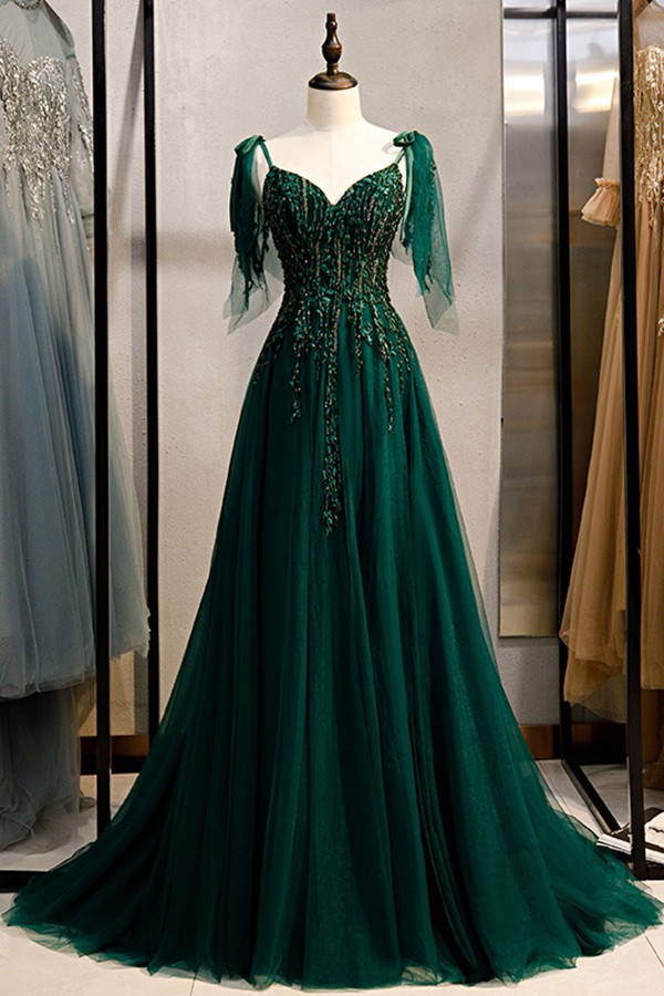 dark green flowy tulle prom dress with ...