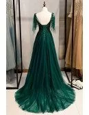 Dark Green Flowy Tulle Prom Dress With Train Appliques