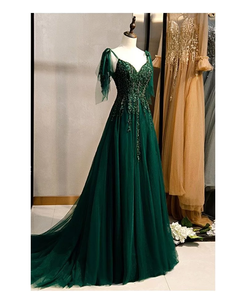 dark green flowy tulle prom dress with train appliques #MYX78059 ...