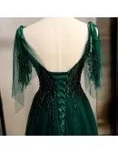 Dark Green Flowy Tulle Prom Dress With Train Appliques