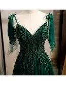 Dark Green Flowy Tulle Prom Dress With Train Appliques