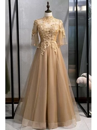 Elegant Champagne Gold Aline Formal Dress With Embroidery Sleeves