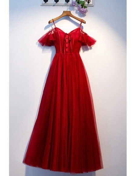 Pretty Long Tulle Burgundy Party Dress With Straps