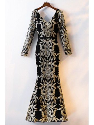 Black With Gold Shinning Sequins Mermaid Long Formal Dress With Long Sleeves