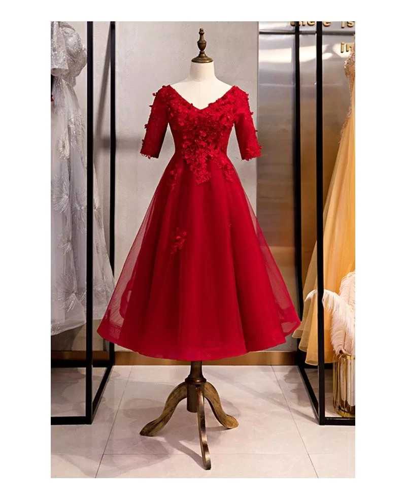 burgundy tea length party dress vneck with short sleeves #MYX79079 ...