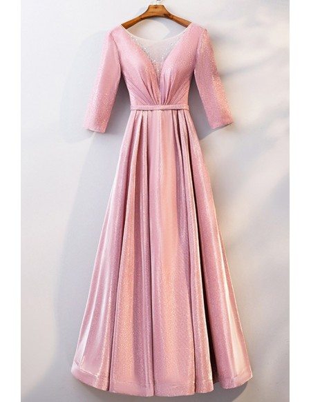 Metallic Pink Ruffled Aline Long Party Dress With Sleeves