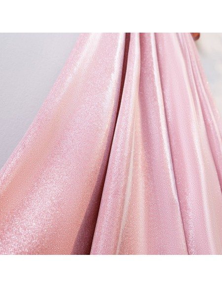 Metallic Pink Ruffled Aline Long Party Dress With Sleeves