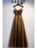 Brown Tulle Sparkly Beaded Long Prom Dress With Straps