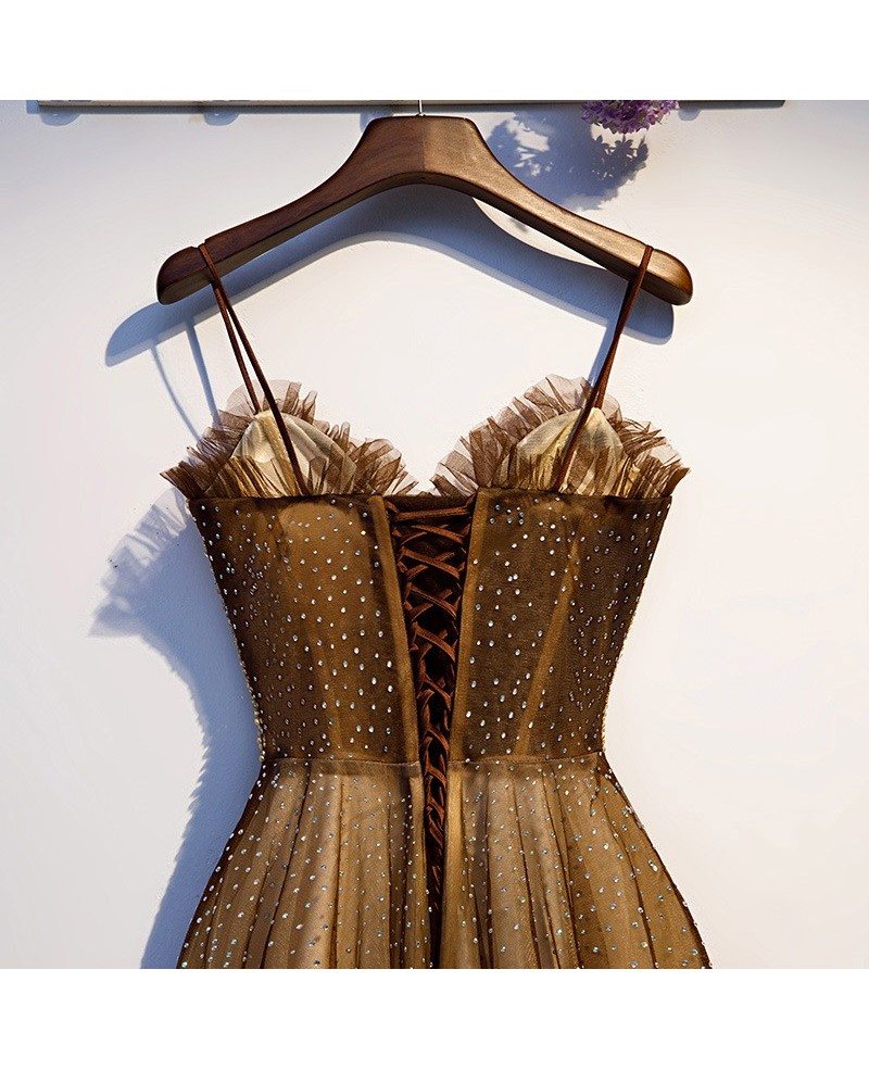 brown tulle sparkly beaded long prom dress with straps MYX67013