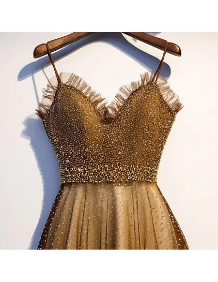 Brown Tulle Sparkly Beaded Long Prom Dress With Straps