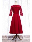 Tea Length Satin Formal Dress With Floral Sleeves