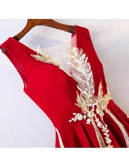 Unique Long Red With Gold Embroidery Formal Dress Sleeveless