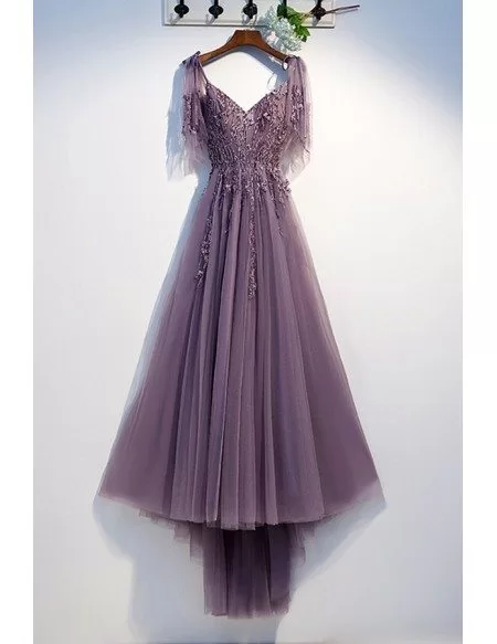 Purple Long Tulle Prom Dress With Puffy Sleeves