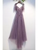 Purple Long Tulle Prom Dress With Puffy Sleeves