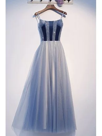 Dusty Blue Aline Long Tulle Prom Party Dress With Spaghetti Straps