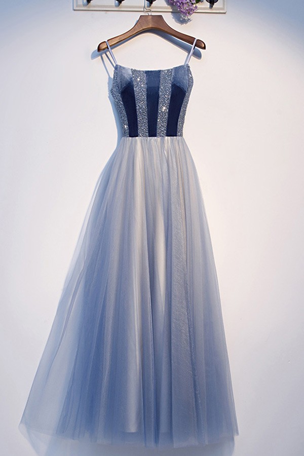 dusty blue aline long tulle prom party dress with spaghetti straps  #MYX69087 - GemGrace.com