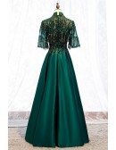 Elegant Formal Green Long Satin Evening Dress With Sequined Sleeves