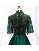 Elegant Formal Green Long Satin Evening Dress With Sequined Sleeves