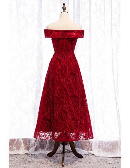 Off Shoulder Tea Length Burgundy Party Dress With Unique Lace