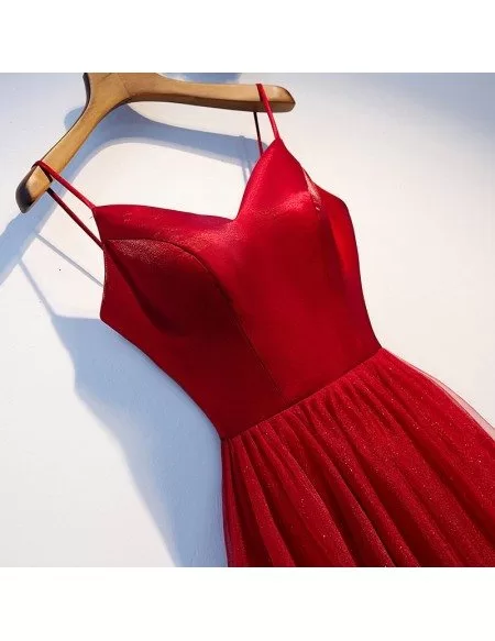 Simple Red Tulle Tea Length Party Dress With Straps